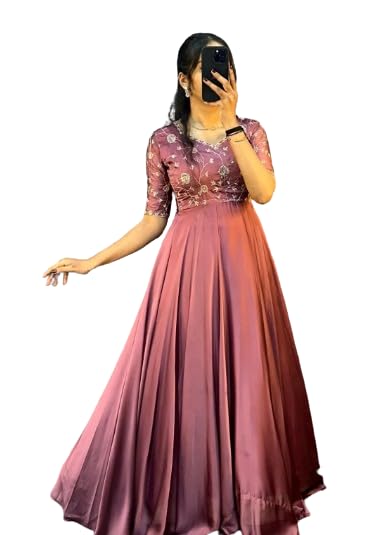 Pink Heavy Designer Embroidered Satin Chiffon Gown with Dupatta Set (in, Alpha, XL, Regular)