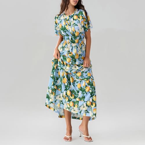 Image of Women Summer Boho Maxi Dress Smocked Waist V-Neck Short Sleeve Tiered Flowy Dresses Beach Sundress Clubwear (A-01, L)