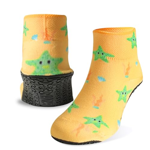RANDY SUN Kids Quick-Dry Sand Not Waterproof Socks, Barefoot Socks for Summer Water Sport Surf Yoga Exercise Protect Against Shells and Hot Sand(1 Pair Yellow&Green Star 6.3IN)