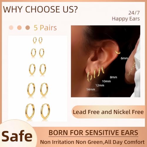 image for FriBasics 5 Pairs Small Gold Huggie Hoop Earrings Set Women 14K Gold P