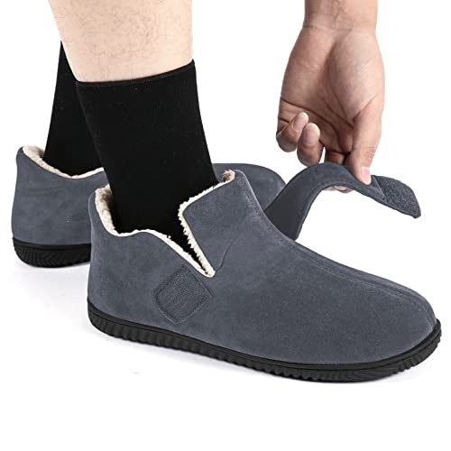 Zizor Mens Slipper, Velcro House Shoes For Diabetic, Men Gifts, Memory Foam, Indoor Outdoor, Winter Ankle Pantuflas With Rubber Sole (Dark Grey, Size 11) #TOP2