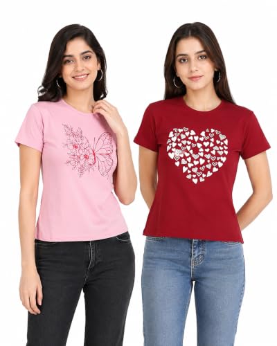 Image of Women's Slim Fit Graphic Printed T-Shirt | Soft 100% Cotton Fabric | Round Neck Half Sleeve Casual Top, Travel & College Pack of 2 Set