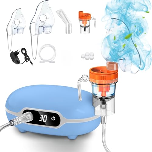 PAZEAU Aerosol Portatile Silenzioso Con Display Digitale,Macchina Aerosol Adulti E Bambini,Ultrasuoni Nebulizzatore Neonato,Inalatore Apparecchio Con Boccaglio, Aerosol Da Viaggio A Pistone (blue)