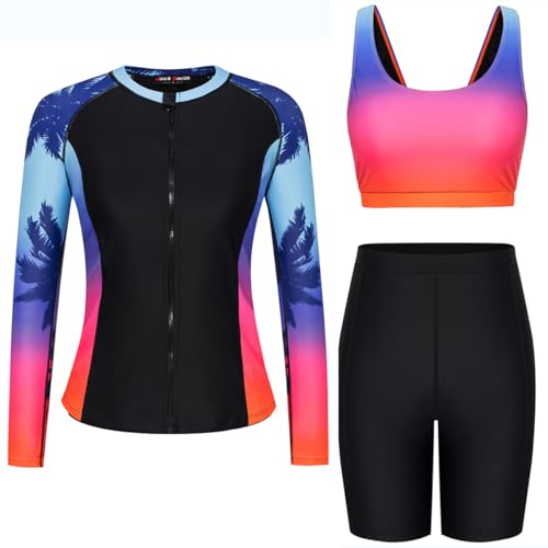 Image of JACK SMITH Women's 3 Piece Long Sleeve Rash Guard Swimsuits Zip Front Bathing Suit Tankini Swimsuits UPF 50