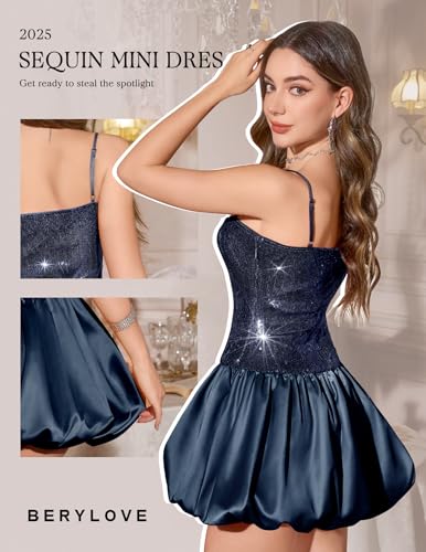 Image of BeryLove Women's Sequin Short Prom Bubble Dress Sparkly Spaghetti Strap Cocktail Party Mini Dresses