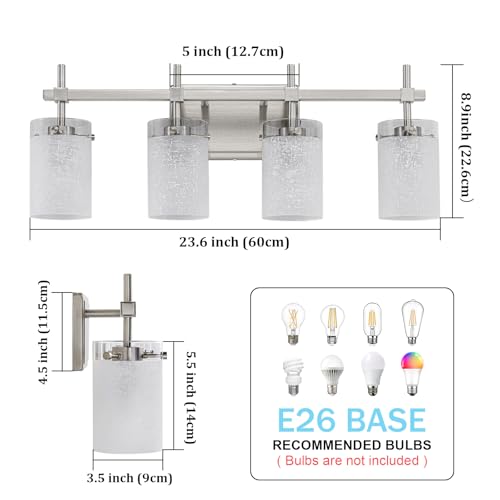 Image of 4-Light Brushed Nickel Vanity Light with White Linen Frosted Glass E26 Socket,Bathroom Light Fixture,Modern Wall Light Over Mirror(Bulbs Not Included)