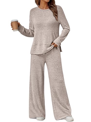 LILLUSORY 2 Piece Lounge Sets Matching Fall Outfits Pajamas Casual Travel 2025 Sweatsuits Soft Airport Wide Leg Clothes Long Sleeve Fashion Vacation Tracksuits Khaki XL