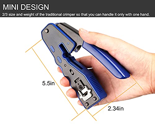 PETECHTOOL RJ45 Crimp Tool All-in-one Crimping Tool Ethernet Cable Crimper Stripper Cutter for Pass Thrugh Connectors with 100PCS Cat6 Connectors and 1 Set of Blades