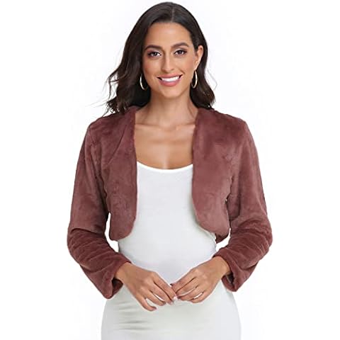 Anienaya Women's Bolero Shrugs Winter Warm Faux Fur Long Sleeve Open Front Cropped Cardigan Jacekts for Evening Wedding Cover