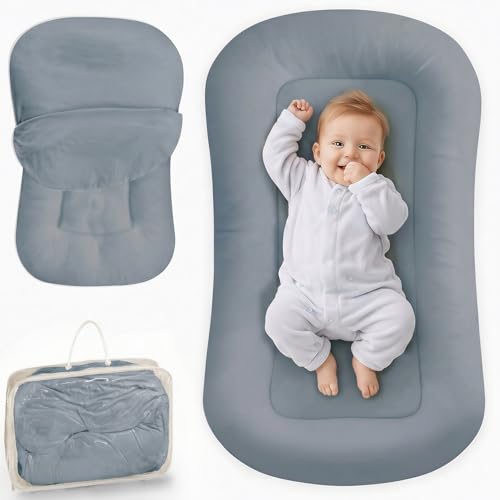 Infant Support Cushion - Baby Lounger for Newborn, 0-24 Months, Breathable Cotton Fabric Infant Support Cushion, Portable Newborn Essentials for Home and Travel, GrayishBlue (Cover Included)
