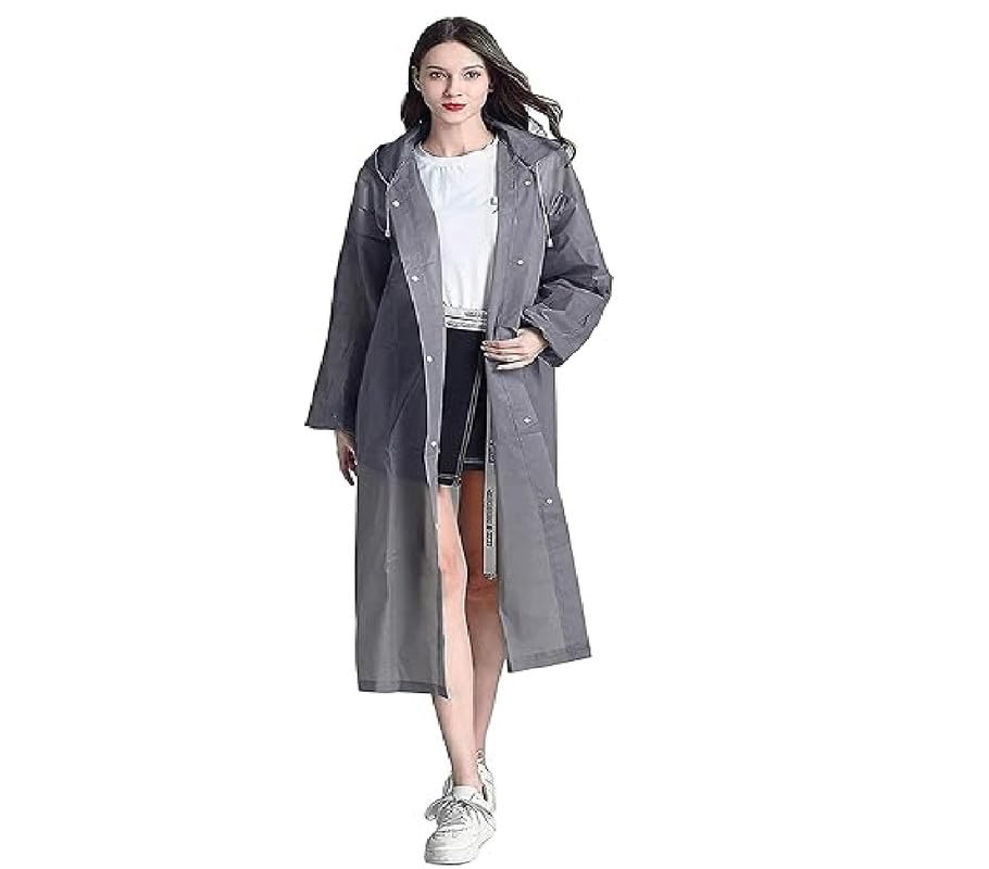 Women EVA Plain Transparent Rain Coat Hooded Outdoor Water Resistant Portable Raincoat (Grey)-picture-18