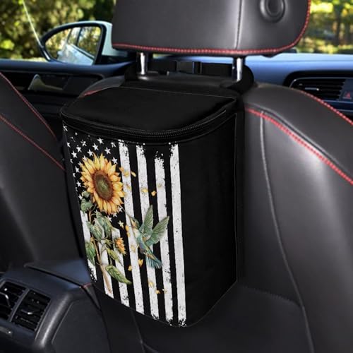Image of Talayituse American Flag Sunflower Hummingbird Print Car Trash Can with Adjustable Straps, Foldable Car Trash Bag Bin Car Garbage Bag Multipurpose Storage Box for Vehicle Travel Camping Picnicing