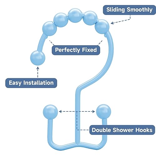Image of Titanker Shower Curtain Hooks, Rust Resistant Shower Curtain Rings for Bathroom, Metal Double Glide Shower Hooks Hangers for Bathroom Shower Rods Curtains, Set of 12 Hooks - Blue