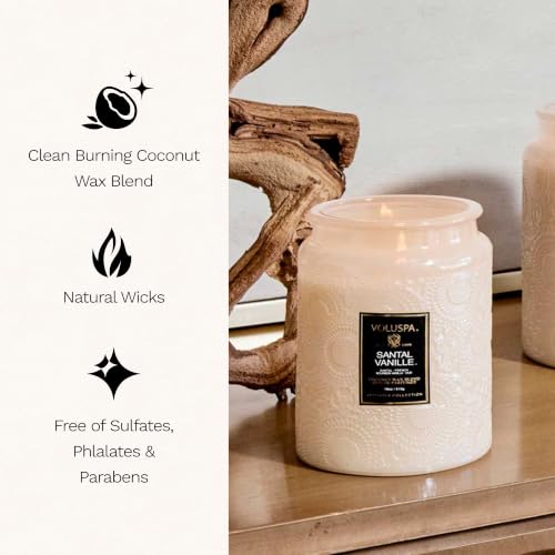 Image of Voluspa Santal Vanille Large Scented Candle Jar 18 Oz, 100 Hr Burn | Coconut Wax Blend in Decorative Glass, Clean Even Burn, USA Handcrafted Gift for Hosts, Fragrance Lovers & Relaxed Rooms