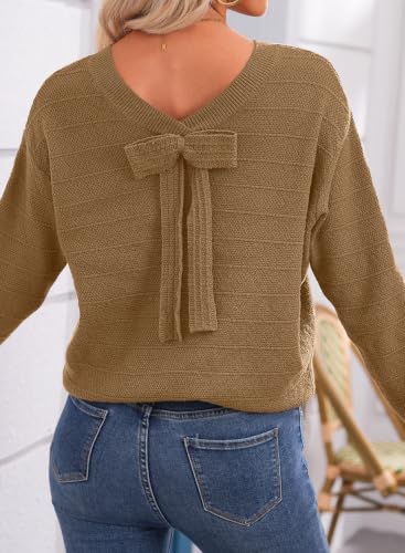 Image of EVALESS Sweaters for Women Long Sleeve Fall Outfits 2026 Back Bow Knot Sweaters Round Neck Solid Knit Pullover Tops
