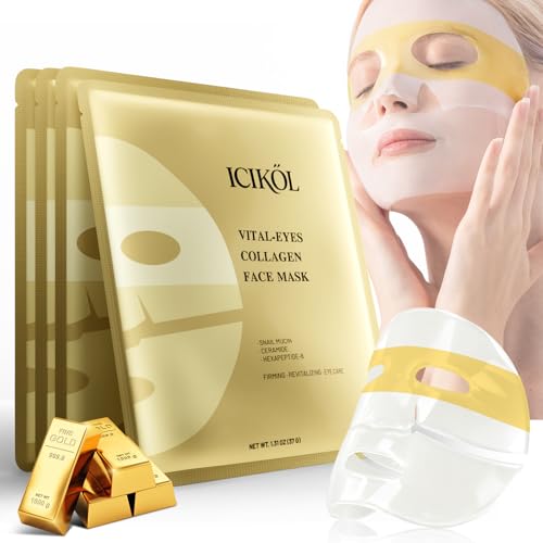Overnight Deep Collagen Face Mask with 24K Gold, Snail Mucin & Niacinamide for Glass Skin & Ageless Eyes - Glowing Hydrogel Facial Mask Skin Care Gift for Women - Sensitive Skin, 4EA(Gold)
