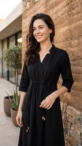 Image of New Ethnic 4 You Women's Pure Cotton Solid Black A-Line Midi Dress