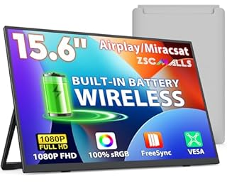ZSCMALLS Battery Wireless Portable Monitor, 8000mAh 15.6" 1080P IPS USB-C/HDMI Second Screen, Built-in Speakers, Support AirPlay/Miracast for Laptop/Phone/Tablet/Switch/Xbox, Carry Bag Included