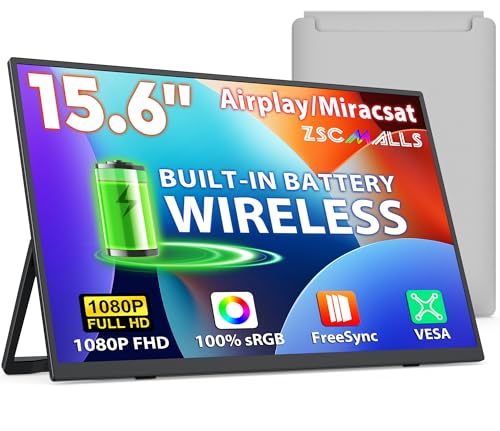 ZSCMALLS Battery Wireless Portable Monitor, 8000mAh 15.6' 1080P IPS USB-C/HDMI Second Screen, Built-in Speakers, Support AirPlay/Miracast for...