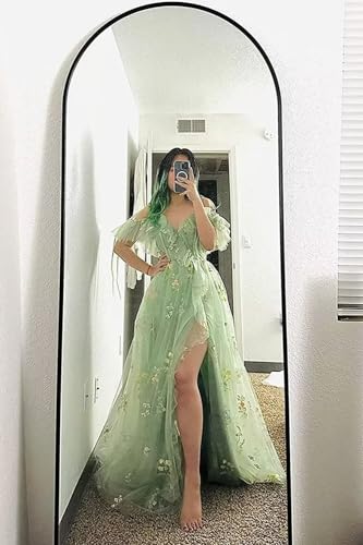 Women's Flower Embroidery Tulle Prom Dresses Corset A Line Long Slit Ruffles Formal Party Gowns2