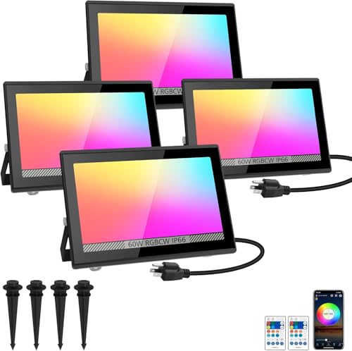 T-SUN Christmas Led Flood Light 60W, Outdoor Waterproof Color Changing Uplight for Stage Landscape Party, RGBW Dimmable Smart Floodlights 16 Million Colors&Timing& Music Sync, US Plug (4 Pack)