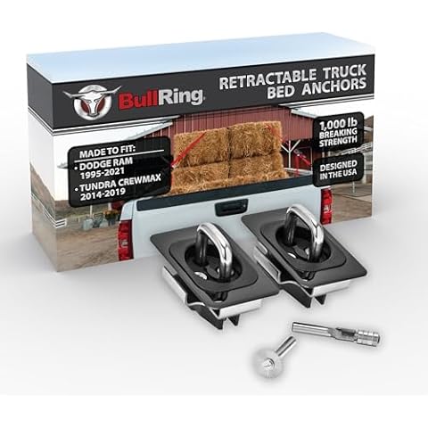 Bull Ring Retractable Flush Fit Truck Bed Tie Down Anchors, Built for 1995+ Dodge Ram & 2014-2019 Tundra Crew Max, Rail Cap Trim Required to Install, 1,000lbs. Rated Capacity (1 Pair) Cover