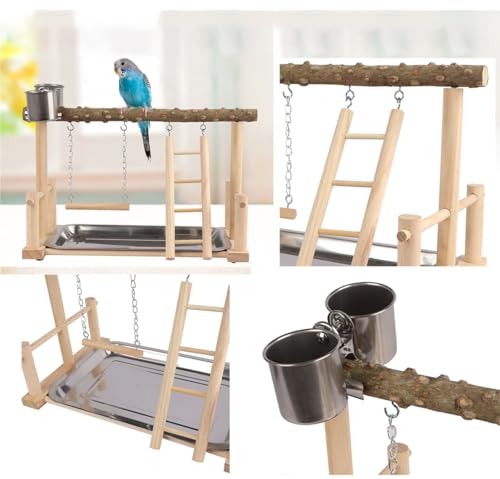 Image of Natural Wood Bird Perch Stand, Wooden Parrot Perch Stand Fork Toys Hanging Multi-Branch Rope Perch Platform Hammock Swing Toy Chewing Stick Cage Accessories