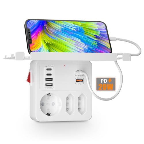 PD20W USB Prise avec Interrupteur, Prise Multiple avec Charge Rapide QC18W et PD3.0, Multiprise Murale 3 Prises 6 Chargeur USB, Multiprise Electrique...