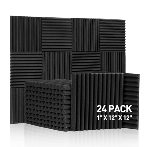 HERTBER 24 Pack Wedges Acoustic Foam 30x30x2.5cm Black Sound Proof Panels Fire-resistant Soundproof foam High Density Sound Panels for Recording Studio and Office...