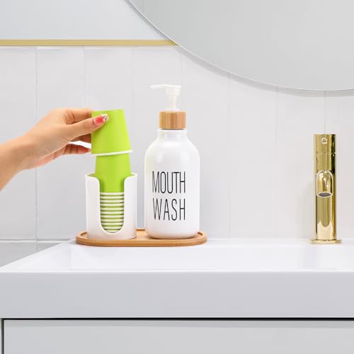 Image of Mouthwash Dispenser with Cup Holder, Plastic White Mouth Wash Pump Bottle with Tray for Bathroom Organizers, 17oz Refillable Clear Mouthwash Container