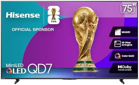Hisense Television QD7QFM (Modelo 2025) Pantalla 75 Pulgadas,Mini-LED Smart Fire TV UHD 4K,Control Remoto por Voz con Alexa,Hi-View AI Engine,Modo de Juego Pro de 144 Hz,Dolby Vision·Atmos