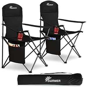 SUNMER Set of 2 Folding Camping Chairs, Extra-Wide Lightweight Outdoor Chairs with Armrests, Cup Holder and a Side Pocket, 120kg Capacity per Chair – Black