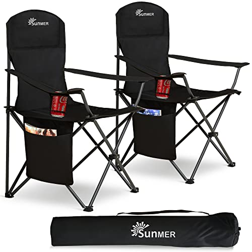 SUNMER Set of 2 Folding Camping Chairs, Extra-Wide Lightweight Outdoor Chairs with Armrests, Cup Holder and a Side Pocket, 120kg Capacity per Chair – Black