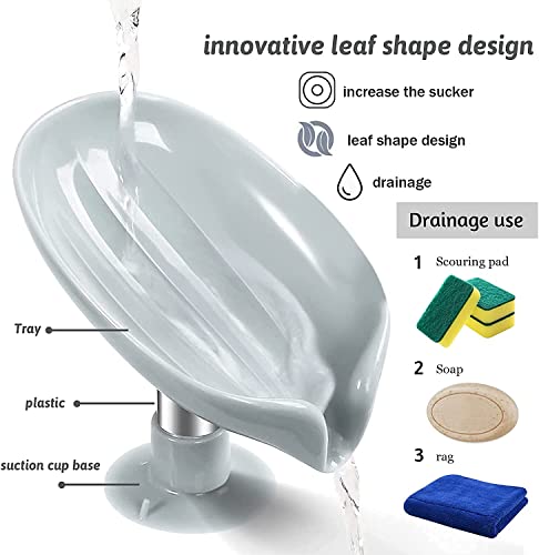 Image of Soap Dish Holder Self Draining Soap Holder Leaf Shape Bar Soap Holder Soap Saver with Suction Cup for Shower Bathroom Tub Kitchen Sink Plastic Tray Holder (2 Pack)