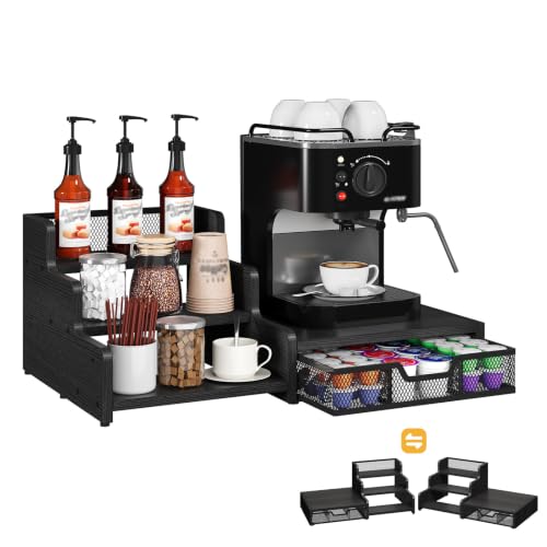 Image of Coffee Station Organizer with K Cup Holder, 28 Pod Capacity,3-Tier Syrup Rack with Coffee Pod Holder Drawer, Coffee Bar organizer Countertop for Accessories,Black