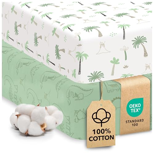 Image of Cotton Crib Sheets 2 Pack – Sweety Fox Mini Fitted Sheets for Baby Boys and Girls, Soft Jersey Knit for Crib or Toddler Bed, Dinosaur Print
