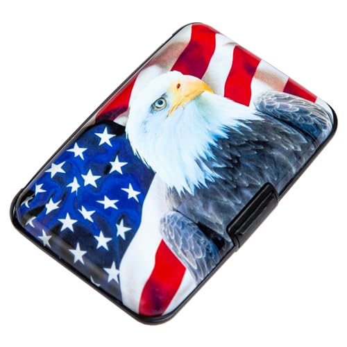 Image of Credit Card Holder Small RFID Blocking Wallet Business Metal Slim Mini Aluminum Hard Case for Women Men Gift, Bald Eagle American Flag, small, Minimalist, Compact, American