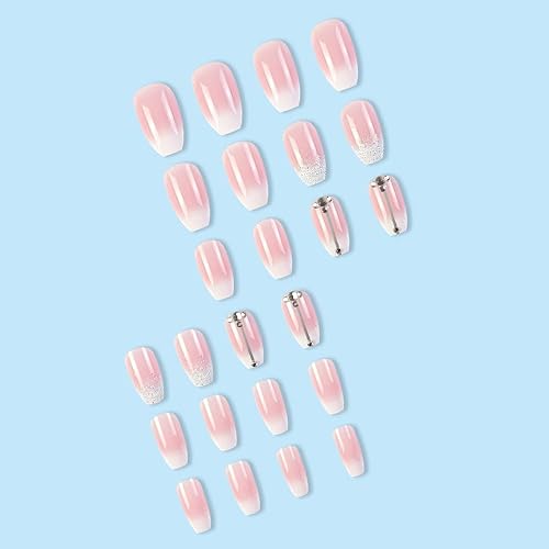 Miniatura 3 de Uñas postizas a presión, tamaño mediano, color rosa y blanco, degradado con diamantes de imitación, uñas postizas reutilizables de gel de ajuste