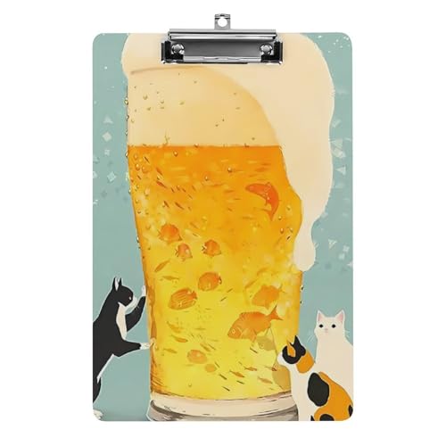 クリップボード 生ビールに魚 ジョッキ 猫三匹 泡1 A4サイズ対応 クリップファイル バインダークリップ 用箋ばさみ ファイルボード メモ帳 縦型 書類整理 おしゃれ かわいい 筆記 多機能 壁掛け プレゼント