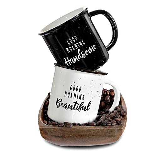 MAINEVENT Good Morning Beautiful Handsome Coffee Mug Set of 2, 11 Ounce, His & Hers Couple Coffee Mug Set