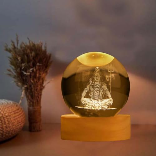Image of 3D Mahadev Crystal Ball LED Night Lamp, Lord Shiva Design with Wooden Base, Spiritual Table Lamp for Home Temple, Gift for Devotees (Mahadev)