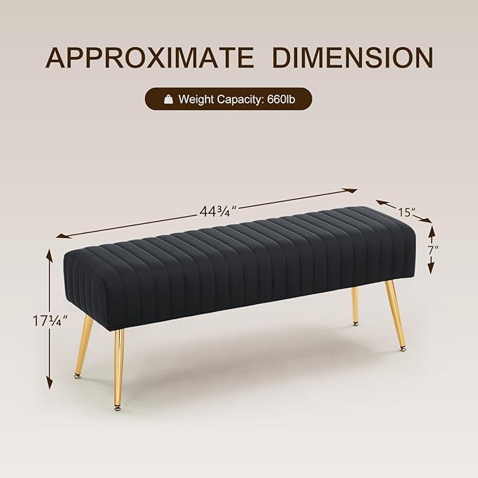 Image of Modern Velvet 2 Seater Ottoman | Upholstered Long Ottoman for Bedroom, Living Room, Entryway, Sofa Upholstered or End of Bed Seating | Comfortable Padded Accent Furniture | Velvet Black