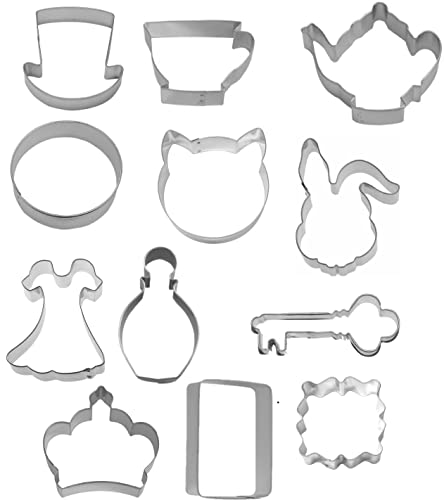 Wonderland Cookie Cutter 12 Piece Set from The Cookie Cutter Shop - Mad Hatter Hat, Cheshire Cat, Queen's Crown, Drink Me Bottle Cookie Cutters – Tin Plated Steel Cookie Cutters