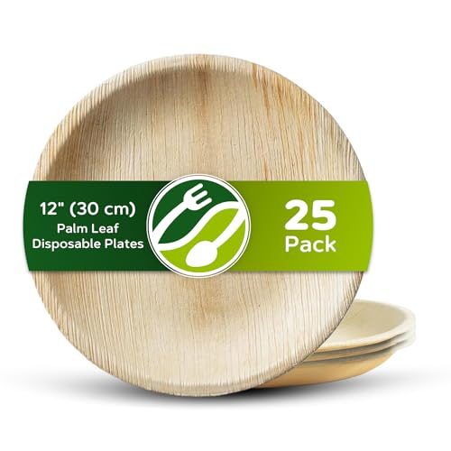 ECO Leaf 25 Disposable Palm Leaf Plates, Light Brown, Extra Large 12”(30cm)