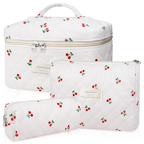 Hualinsyi Makeup Bag Set ， 3 PCS Cute Cherry Bag Set, Travel Toiletry Organizer Quilted Cherry Purse，Large Coquette Aesthetic Makeup Cosmetic Bag For Women (white-cherry)