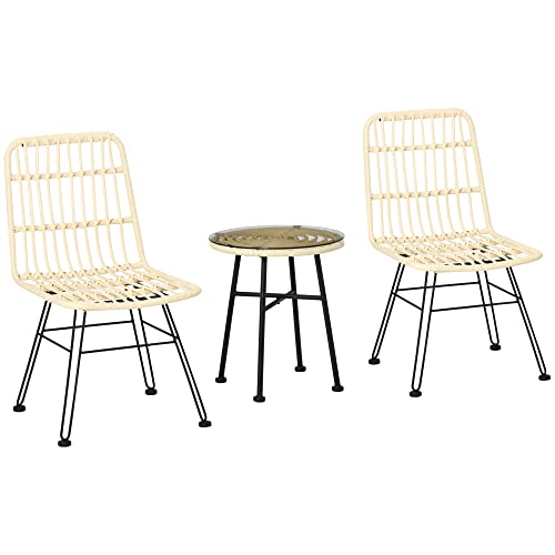 Outsunny Ensemble Bistro de Jardin 3 pièces Table Basse Ronde Verre trempé + 2 chaises, 2 Coussins zippés déhoussables Polyester, résine tressée PE,...