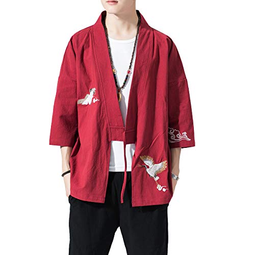 Image of PRIJOUHE Men's Kimono Jackets Cardigan Lightweight Casual Cotton Blends Linen Seven Sleeves Open Front Coat Outwear