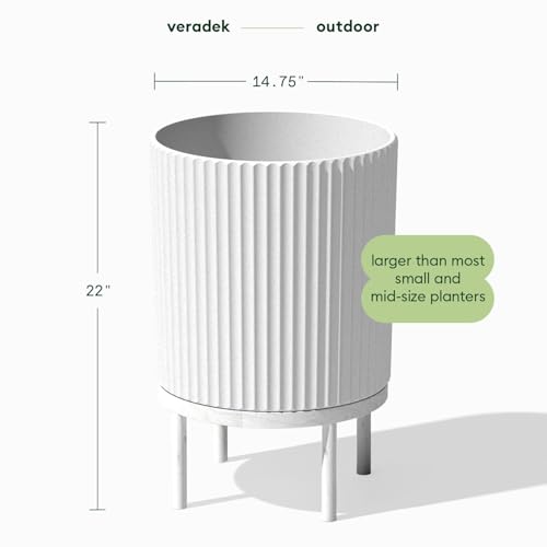 Image of Veradek Demi Series Raised Planter - Round Planter with Stand | Made From a Durable Plastic-Stone Composite & Comes With Wooden Stand. Modern Porch /Patio Decor