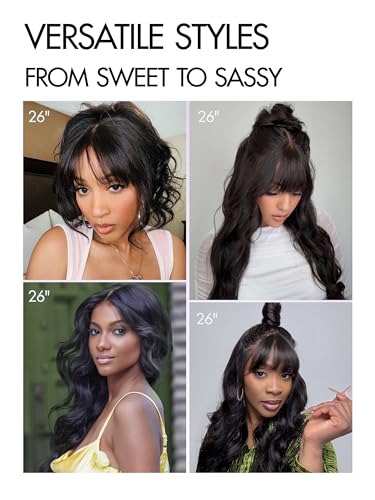 Image of LUVME HAIR 7x6 HD Lace All-Day Comfort Wig with Bangs 200% Density Hair PartingMax Lace Wigs Loose Body Wave Lace Front Wigs Human Hair Pre Cut Plucked Lace Frontal Glueless 16 Inches