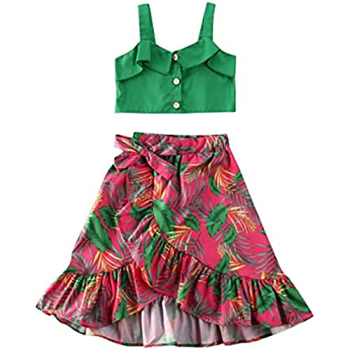 Toddler Kids Girl Strap Green Shoulder Cropped Top + Floral Ruffled Maxi Skirts Dress Summer Boho Clothes Set